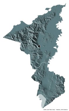 Beyaz arka planda sermayesi izole edilmiş Honduras departmanı Cortes 'in şekli. Renkli yükseklik haritası. 3B görüntüleme
