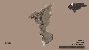Cortes 'in şekli, Honduras Departmanı, sermayesi sağlam arka planda izole edilmiş. Uzaklık ölçeği, bölge önizlemesi ve etiketleri. Renkli yükseklik haritası. 3B görüntüleme