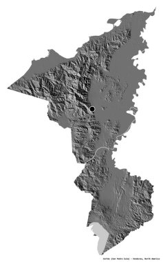 Beyaz arka planda sermayesi izole edilmiş Honduras departmanı Cortes 'in şekli. Çift seviyeli yükseklik haritası. 3B görüntüleme
