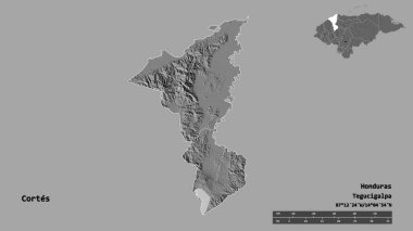 Cortes 'in şekli, Honduras Departmanı, sermayesi sağlam arka planda izole edilmiş. Uzaklık ölçeği, bölge önizlemesi ve etiketleri. Çift seviyeli yükseklik haritası. 3B görüntüleme