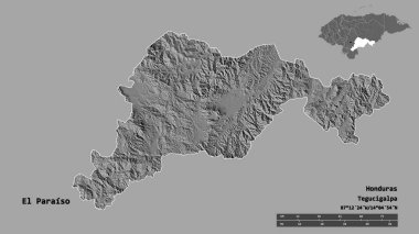 El Paraiso 'nun şekli, Honduras departmanı, sermayesi sağlam arka planda izole edilmiş. Uzaklık ölçeği, bölge önizlemesi ve etiketleri. Çift seviyeli yükseklik haritası. 3B görüntüleme