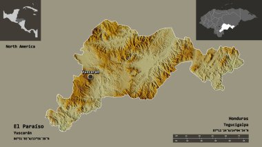 El Paraiso 'nun şekli, Honduras Bölümü ve başkenti. Uzaklık ölçeği, ön gösterimler ve etiketler. Topografik yardım haritası. 3B görüntüleme