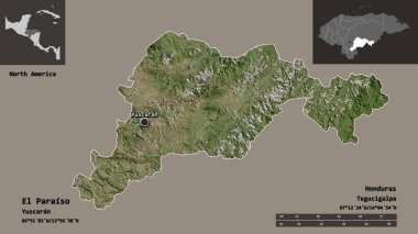 El Paraiso 'nun şekli, Honduras Bölümü ve başkenti. Uzaklık ölçeği, ön gösterimler ve etiketler. Uydu görüntüleri. 3B görüntüleme