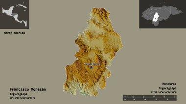 Francisco Morazan 'ın şekli, Honduras Departmanı ve başkenti. Uzaklık ölçeği, ön gösterimler ve etiketler. Topografik yardım haritası. 3B görüntüleme