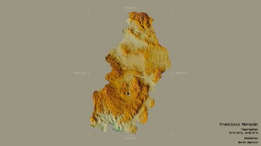 Francisco Morazan 'ın bölgesi, Honduras Departmanı, jeoreferatlı bir sınır kutusunda sağlam bir arka planda izole edilmiş. Etiketler. Topografik yardım haritası. 3B görüntüleme