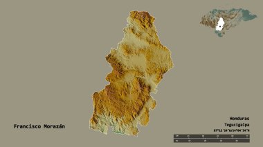 Francisco Morazan 'ın şekli, Honduras Departmanı, sermayesi sağlam arka planda izole edilmiş. Uzaklık ölçeği, bölge önizlemesi ve etiketleri. Topografik yardım haritası. 3B görüntüleme