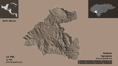 La Paz 'ın şekli, Honduras Departmanı ve başkenti. Uzaklık ölçeği, ön gösterimler ve etiketler. Renkli yükseklik haritası. 3B görüntüleme