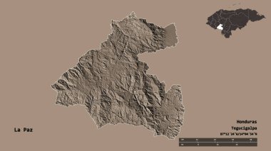 La Paz 'ın şekli, Honduras Departmanı, sermayesi sağlam arka planda izole edilmiş. Uzaklık ölçeği, bölge önizlemesi ve etiketleri. Renkli yükseklik haritası. 3B görüntüleme