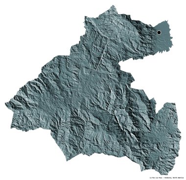 La Paz 'ın şekli, Honduras Departmanı, başkenti beyaz arka planda izole edilmiş. Renkli yükseklik haritası. 3B görüntüleme