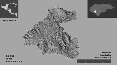 La Paz 'ın şekli, Honduras Departmanı ve başkenti. Uzaklık ölçeği, ön gösterimler ve etiketler. Çift seviyeli yükseklik haritası. 3B görüntüleme