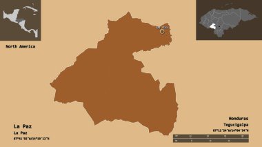 La Paz 'ın şekli, Honduras Departmanı ve başkenti. Uzaklık ölçeği, ön gösterimler ve etiketler. Desenli dokuların bileşimi. 3B görüntüleme