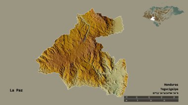 La Paz 'ın şekli, Honduras Departmanı, sermayesi sağlam arka planda izole edilmiş. Uzaklık ölçeği, bölge önizlemesi ve etiketleri. Topografik yardım haritası. 3B görüntüleme