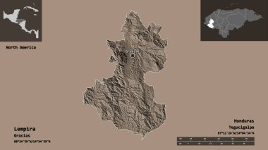 Lempira 'nın şekli, Honduras Bölümü ve başkenti. Uzaklık ölçeği, ön gösterimler ve etiketler. Renkli yükseklik haritası. 3B görüntüleme