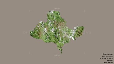Ocotepeque bölgesi, Honduras departmanı, jeoreferatlı bir sınır kutusunda sağlam bir arka planda izole edilmiş. Etiketler. Uydu görüntüleri. 3B görüntüleme