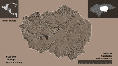 Olancho 'nun şekli, Honduras Bölümü ve başkenti. Uzaklık ölçeği, ön gösterimler ve etiketler. Renkli yükseklik haritası. 3B görüntüleme