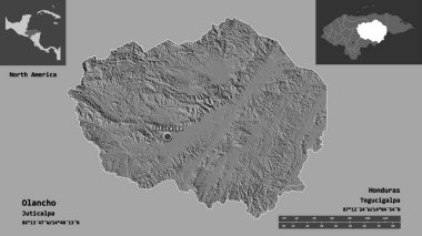 Olancho 'nun şekli, Honduras Bölümü ve başkenti. Uzaklık ölçeği, ön gösterimler ve etiketler. Çift seviyeli yükseklik haritası. 3B görüntüleme