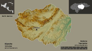 Olancho 'nun şekli, Honduras Bölümü ve başkenti. Uzaklık ölçeği, ön gösterimler ve etiketler. Topografik yardım haritası. 3B görüntüleme