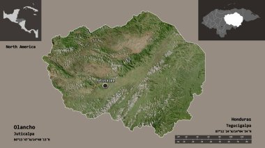 Olancho 'nun şekli, Honduras Bölümü ve başkenti. Uzaklık ölçeği, ön gösterimler ve etiketler. Uydu görüntüleri. 3B görüntüleme