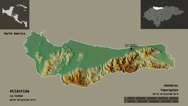 洪都拉斯省Atlantida的形状及其首都 距离刻度 预览和标签 地形浮雕图 3D渲染 — 图库照片