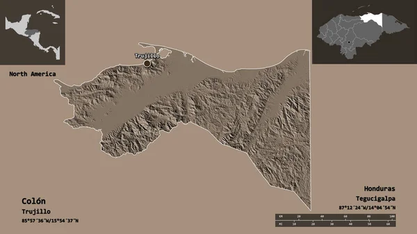 洪都拉斯省科隆的形状及其首都 距离刻度 预览和标签 彩色高程图 3D渲染 — 图库照片