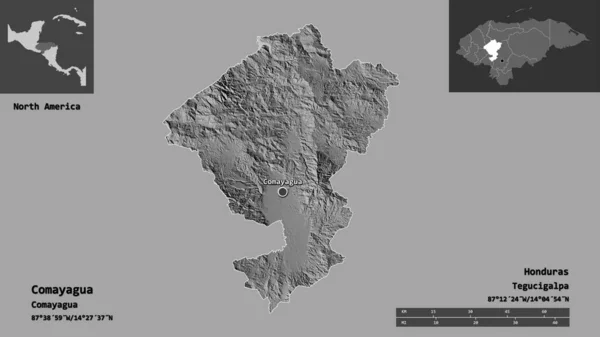 洪都拉斯省科马亚瓜的形状及其首都 距离刻度 预览和标签 Bilevel高程图 3D渲染 — 图库照片