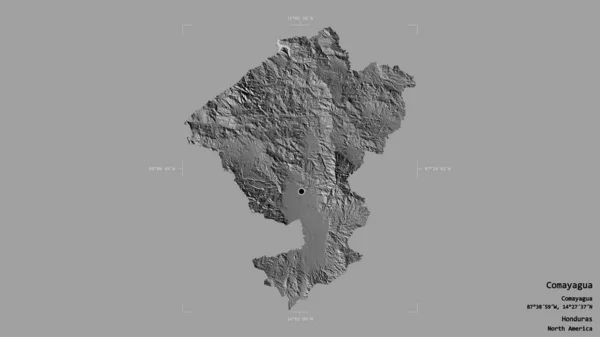 Area of Comayagua, department of Honduras, isolated on a solid background in a georeferenced bounding box. Labels. Bilevel elevation map. 3D rendering