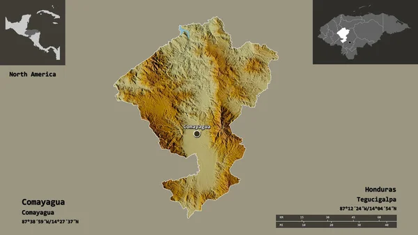 コマヤグアの形 ホンジュラスの部門 その首都 距離スケール プレビューおよびラベル 地形図 3Dレンダリング — ストック写真