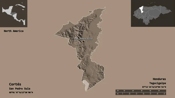 ホンジュラスのコルテス県とその首都の形 距離スケール プレビューおよびラベル 色の標高マップ 3Dレンダリング — ストック写真
