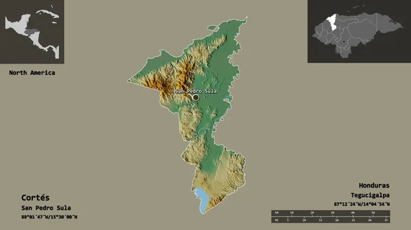 洪都拉斯省科尔特斯的形状及其首都 距离刻度 预览和标签 地形浮雕图 3D渲染 — 图库照片