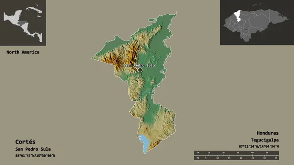 Cortes Şekli Honduras Departmanı Başkenti Uzaklık Ölçeği Gösterimler Etiketler Topografik — Stok fotoğraf