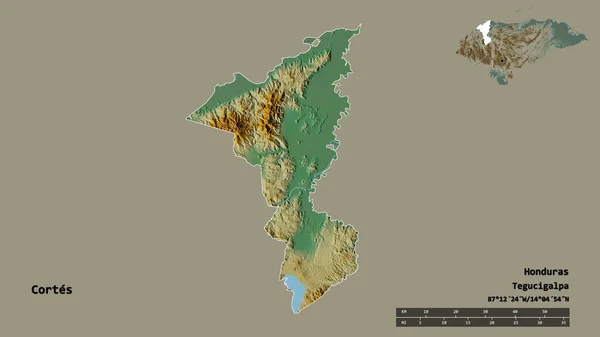 Shape of Cortes, department of Honduras, with its capital isolated on solid background. Distance scale, region preview and labels. Topographic relief map. 3D rendering