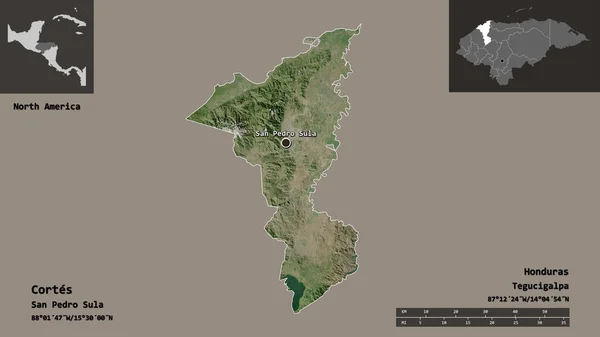 洪都拉斯省科尔特斯的形状及其首都 距离刻度 预览和标签 卫星图像 3D渲染 — 图库照片