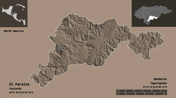 ホンジュラスの省と首都のエル パライソの形 距離スケール プレビューおよびラベル 色の標高マップ 3Dレンダリング — ストック写真