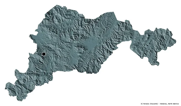 洪都拉斯省El Paraiso的形状 其首都因白人背景而孤立 彩色高程图 3D渲染 — 图库照片