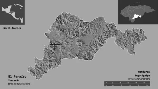 洪都拉斯省El Paraiso的形状及其首都 距离刻度 预览和标签 Bilevel高程图 3D渲染 — 图库照片