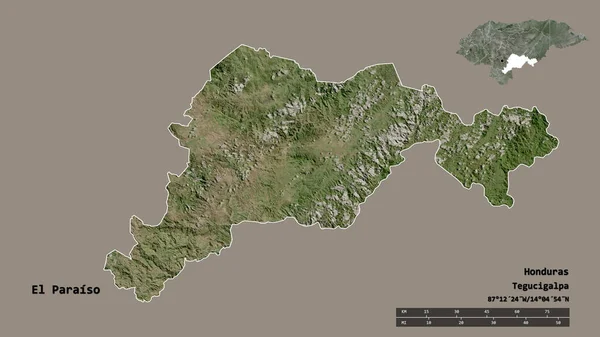 洪都拉斯省El Paraiso的形状 其首都在坚实的背景下与世隔绝 距离尺度 区域预览和标签 卫星图像 3D渲染 — 图库照片