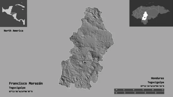 洪都拉斯省弗朗西斯科 莫拉桑的形状及其首都 距离刻度 预览和标签 Bilevel高程图 3D渲染 — 图库照片