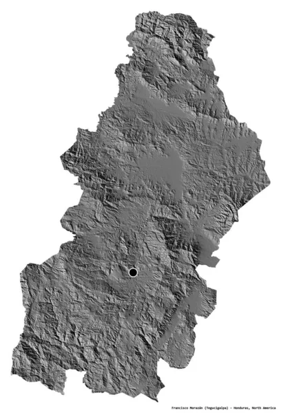 ホンジュラスのフランシスコ モラザン県の形で その首都は白い背景に孤立しています 標高マップ 3Dレンダリング — ストック写真
