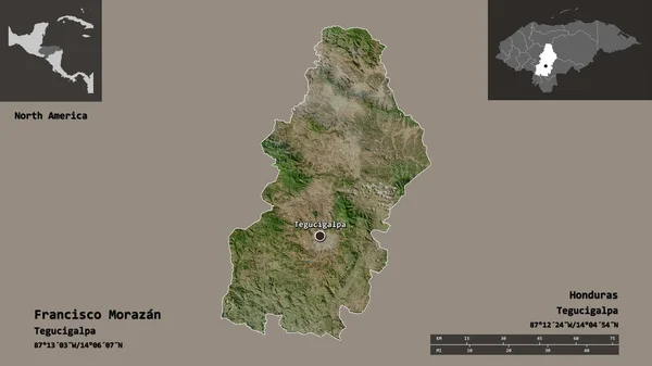 洪都拉斯省弗朗西斯科 莫拉桑的形状及其首都 距离刻度 预览和标签 卫星图像 3D渲染 — 图库照片