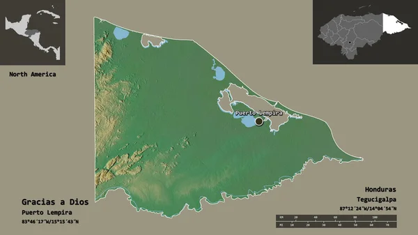 洪都拉斯省Gracias Dios的形状及其首都 距离刻度 预览和标签 地形浮雕图 3D渲染 — 图库照片
