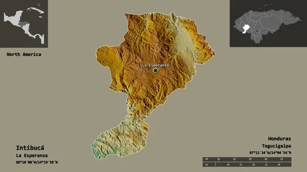 ホンジュラス県とその首都インティブカの形 距離スケール プレビューおよびラベル 地形図 3Dレンダリング — ストック写真