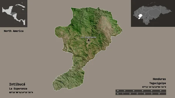 洪都拉斯省Intibuca的形状及其首都 距离刻度 预览和标签 卫星图像 3D渲染 — 图库照片