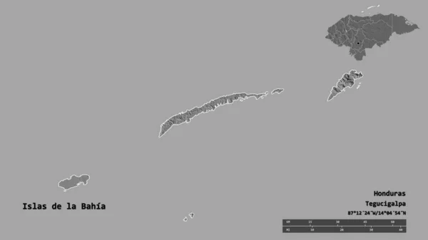 ホンジュラスのイスラス バイーア県の形で その首都はしっかりとした背景に孤立しています 距離スケール リージョンプレビュー およびラベル 標高マップ 3Dレンダリング — ストック写真