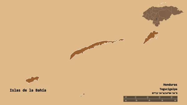ホンジュラスのイスラス バイーア県の形で その首都はしっかりとした背景に孤立しています 距離スケール リージョンプレビュー およびラベル パターン化されたテクスチャの構成 3Dレンダリング — ストック写真