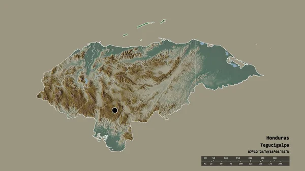 以首都 主要区域分部和分离的巴伊亚州群岛为首都的洪都拉斯的绝望状态 地形浮雕图 3D渲染 — 图库照片