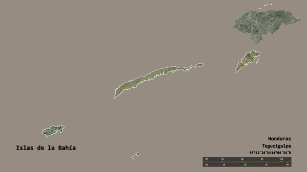 ホンジュラスのイスラス バイーア県の形で その首都はしっかりとした背景に孤立しています 距離スケール リージョンプレビュー およびラベル 衛星画像 3Dレンダリング — ストック写真