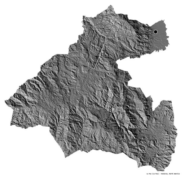 La Paz 'ın şekli, Honduras Departmanı, başkenti beyaz arka planda izole edilmiş. Çift seviyeli yükseklik haritası. 3B görüntüleme