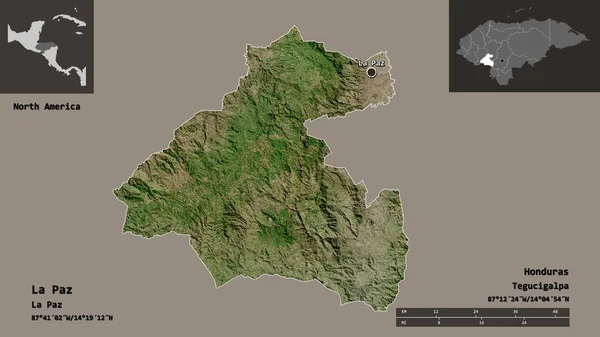 洪都拉斯省拉巴斯及其首都的形状 距离刻度 预览和标签 卫星图像 3D渲染 — 图库照片