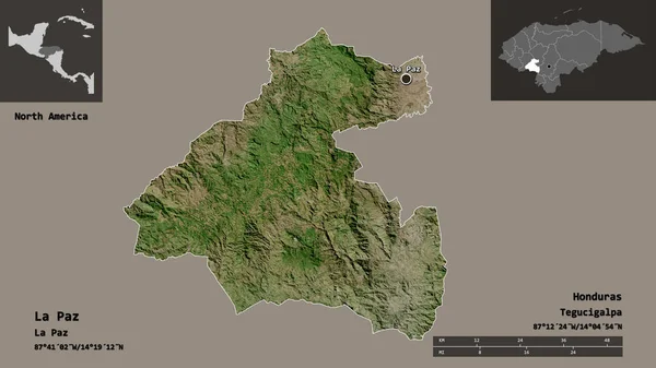 ラパスの形状 ホンジュラスの部門とその首都 距離スケール プレビューおよびラベル 衛星画像 3Dレンダリング — ストック写真