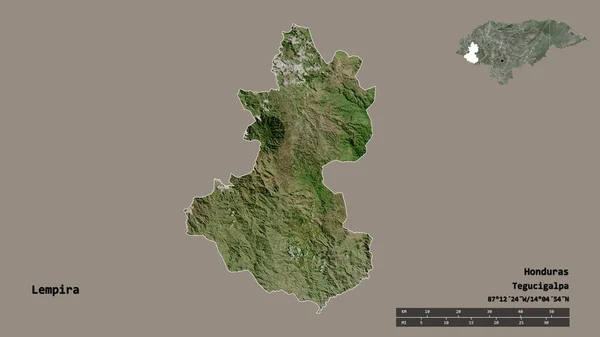 洪都拉斯省伦皮拉的形状 其首都在坚实的背景下与世隔绝 距离尺度 区域预览和标签 卫星图像 3D渲染 — 图库照片